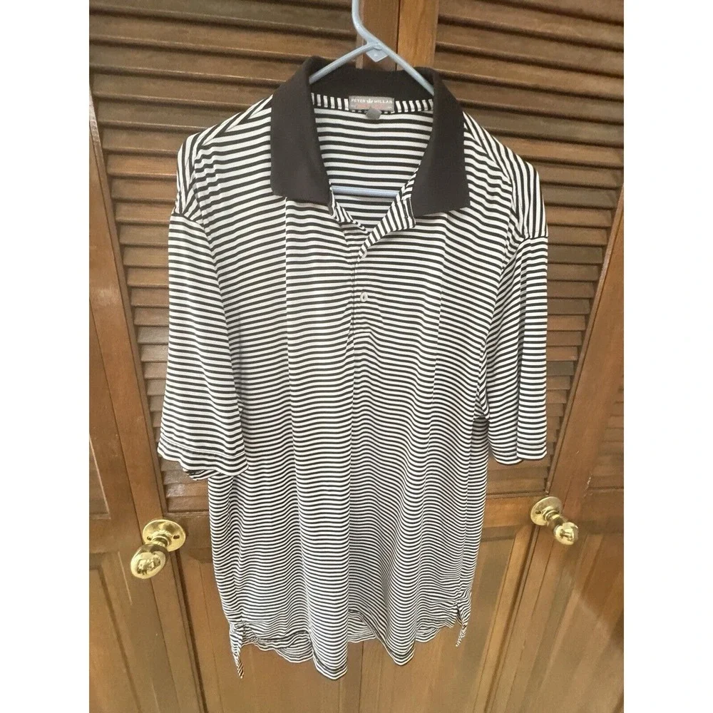 Peter Millar Golf Polo Shirt Men's White Black Summer Comfort Striped Size L‎